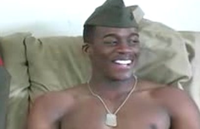 Black military stud masturbating his cock and cums big load